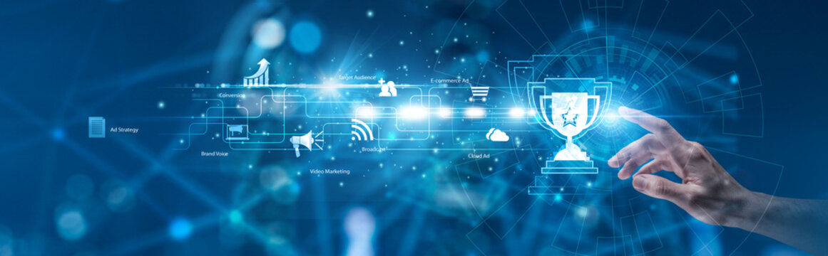 Online Marketing. Campaign manager pointing the hand at glowing target audience demographics and conversion tracking panel. Programmatic ad and media reach analytics.
