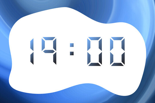 A blue-black gradient digital clock displaying 19:00 against an abstract blue background.