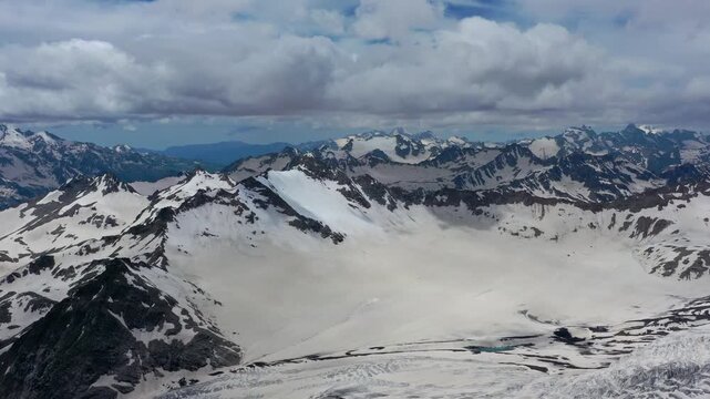 Aerial view of Mount Elbrus and its snowy peaks in Russia.