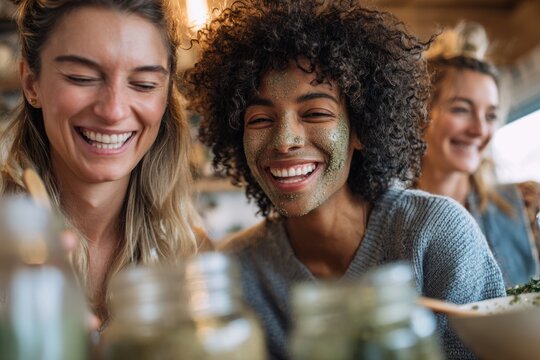 Friends mixing homemade facial treatments in a sunny kitchen during a relaxed self-care gathering