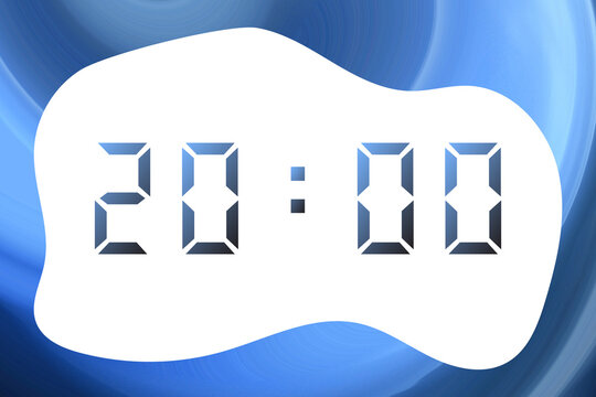 A blue-black gradient digital clock displaying 20:00 against an abstract blue background.