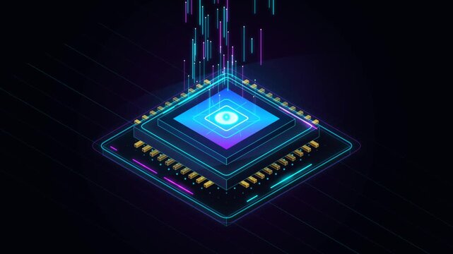 Isometric Central Processing Unit Chip Glowing Neon Data Streams Processing Information Technology