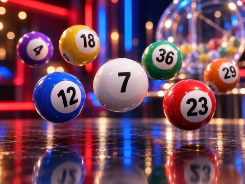 colorful lottery balls with numbers falling on wet reflective surface. blurred bingo machine and neon lights in background. gambling, jackpot, chance concept. backdrop design, poster.