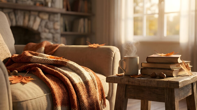 Cozy living room with steaming mug and autumn leaves