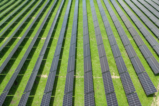 Top-Down Aerial Close-Up View of Solar PV Panel Array on Zoige Grassland: Renewable Clean Energy, Agrivoltaics, Green Field and Sunlight Background