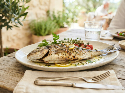 Grilled sea bream with thyme and cherry tomatoes on a sunlit stone patio