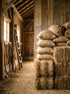 Burlap sacks stacked on hay bales in a rustic barn lit by a small window
