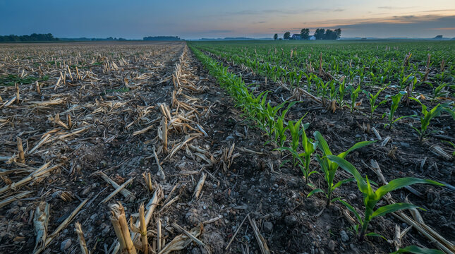 Field split between dry stubble and rows of young green corn plants outdoors
