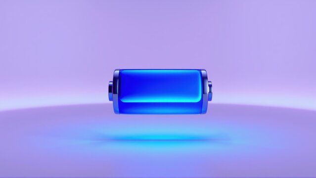 Glowing battery icon floats above surface. Purple, blue hues dominate composition. Minimalist design, focus on power symbol.