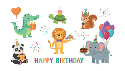 Obraz premium Cute happy birthday animals set with lion elephant crocodile turtle panda and squirrel cartoon character vector illustration isolated on white background
