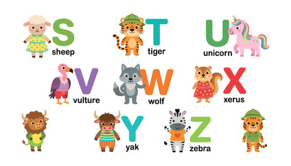 Obraz premium Cute cartoon animal alphabet letters S to Z set with tiger zebra unicorn vector illustration isolated on white background