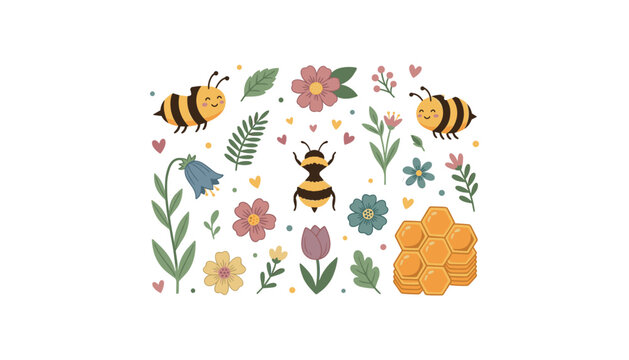 Cute honey bee cartoon character set with beautiful spring garden flowers and honeycomb vector illustration isolated on white background