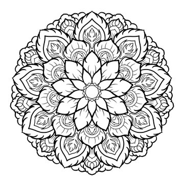 Intricate Thai style floral mandala line art design isolated on white background, oriental pattern for coloring book and decoration.