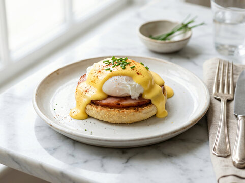 Delicious eggs benedict with hollandaise sauce served on a plate for breakfast.
