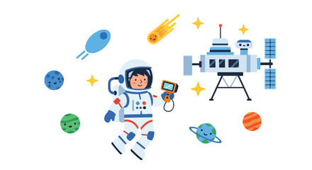 A cute cartoon astronaut floats in outer space surrounded by colorful planets, stars, a comet, and a space station. © Aqil Art