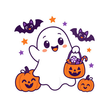 Happy Halloween Ghost Holding Pumpkin Candy Bucket with Bats and Stars