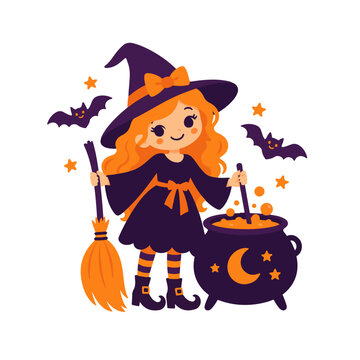 Cute Little Witch Girl with Broom and Bubbling Cauldron with Bats