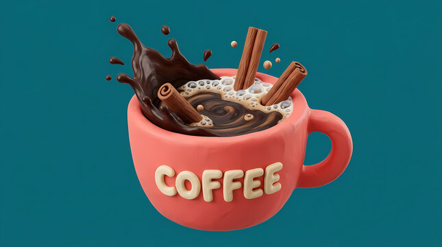 A stylized 3D clay render of a coffee cup with cinnamon sticks and a liquid splash.