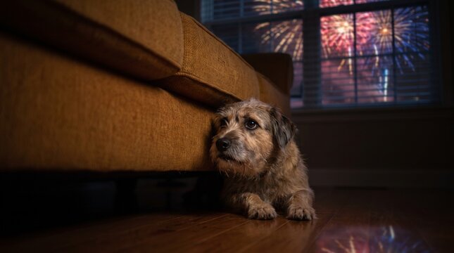 Dog hiding under couch while fireworks flash outside, anxious pet behavior