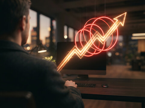 Man typing at an office desk beside a glowing neon growth graph at dusk