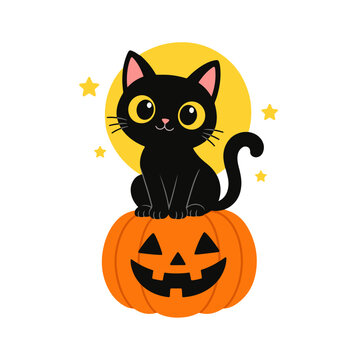 Cute Black Cat Sitting on Halloween Pumpkin with Full Moon and Stars