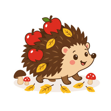 Cute Hedgehog Carrying Apples on Spines with Mushrooms and Fallen Leaves