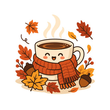 Cozy Hot Coffee Cup with Knitted Scarf and Falling Autumn Leaves