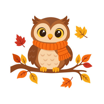 Cute Owl Wearing Knitted Scarf Perched on Branch with Autumn Leaves
