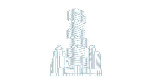 Minimalist blue line art illustration of the Austin Texas city skyline featuring modern skyscrapers and architectural landmarks in a vertical layout on a white background.