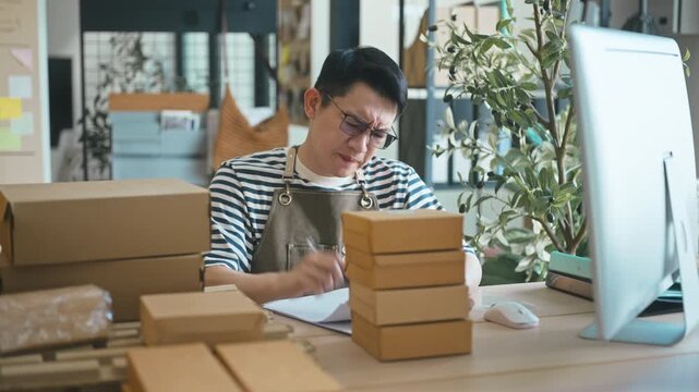 Frustrated Asian small business owner hitting cardboard boxes at his desk in a home office, expressing stress and anger over low sales, financial problems, and E-commerce failure.