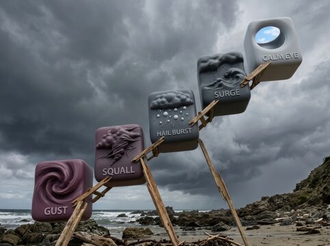 Moody storm warning over rocky beach with weather signal blocks