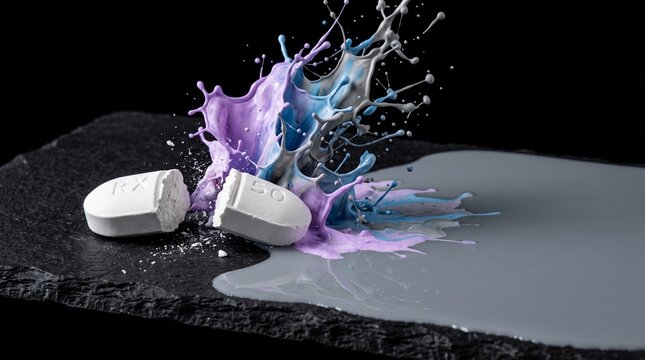 A single white pharmaceutical tablet lies broken in half on a dark slate surface. 