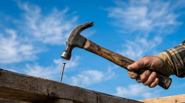 Close up of a hand gripping a hammer striking a nail into wood during construction or repair work outdoors under a clear blue sky