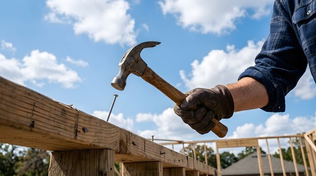Construction worker using hammer to drive nail into wooden beam on outdoor building project with blue sky and clouds