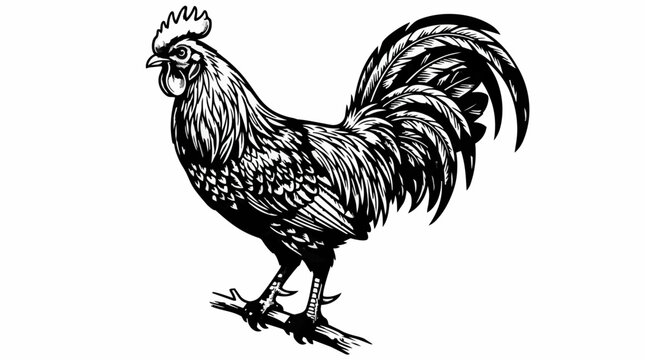 Vintage rooster woodcut illustration, hand drawn farm animal engraving, black and white cockerel vector for organic food branding and rustic logos