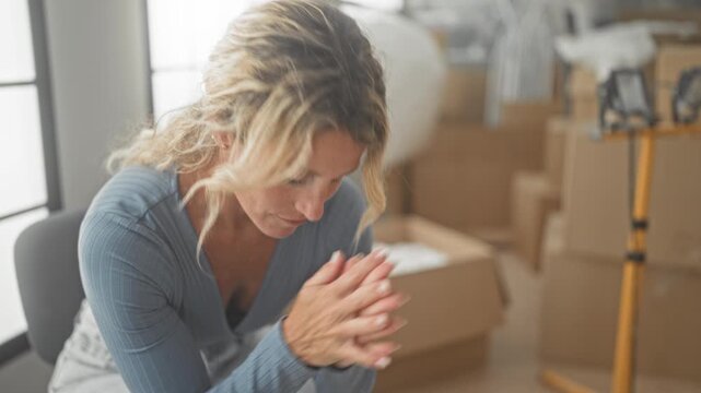 Woman in blue top clasping hands over face amid stacked moving boxes and tripod worklight in studio; anxiety relocation logistics.