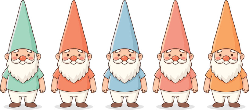 Cute Garden Gnome Character Collection with Colorful Pointed Hats, Bearded Fantasy Dwarfs and Whimsical Cartoon Christmas Decoration