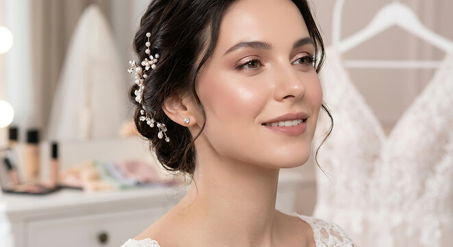 portrait of bride with hair pearl accessory and natural makeup