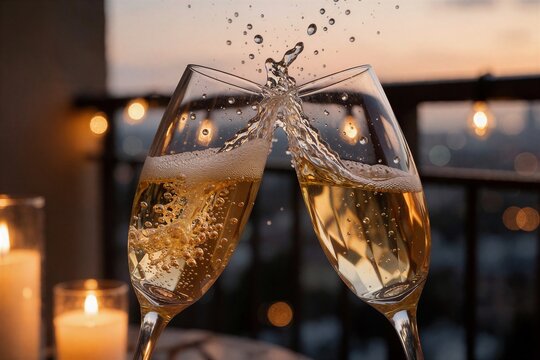 Champagne toast at a Christmas party with friends, two flutes clinking and splashing sparkling wine against a warm, bokeh-filled evening backdrop.