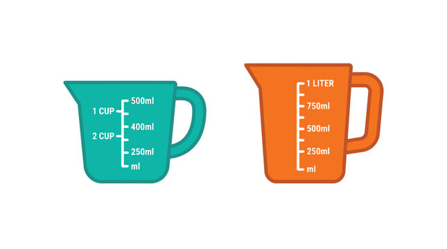 Two measuring cups teal and orange display volume markings in milliliters