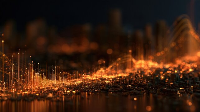 This artwork shows an abstract landscape of economic stages, from subsistence to prosperity, illuminated by warm amber light.