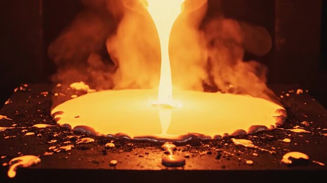 Molten platinum metal flowing from an industrial forge onto a cooling surface at a high temperature foundry workshop.