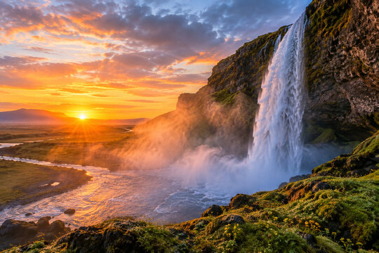 A breathtaking waterfall cascades down a rocky cliff into a river under a vibrant sunset sky filled with golden clouds
