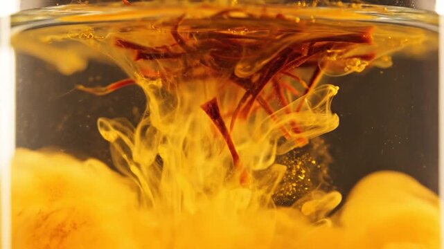 Red saffron threads releasing golden dye into clear water inside a glass container.