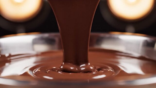 Rich liquid chocolate pouring into a stainless steel bowl for confectionery preparation in a studio setting.