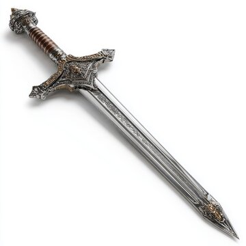 Ancient Sword of Power: A detailed close-up showcases an intricately designed ancient sword with a ornate hilt and a sharp, gleaming blade, embodying history and strength.