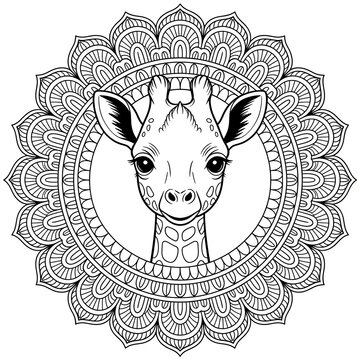 Hand drawn giraffe head illustration centered inside a detailed circular mandala pattern