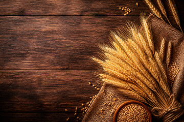 Obraz premium A rustic wooden surface is adorned with sheaves of wheat and scattered grains on a burlap sack.