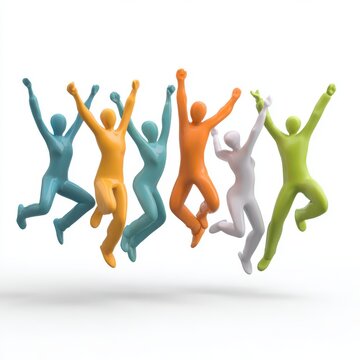 Joyful Celebration: A group of colorful, stylized human figures leap joyfully in the air, arms raised in a collective expression of elation and success. Their vibrant forms convey energy and optimism.