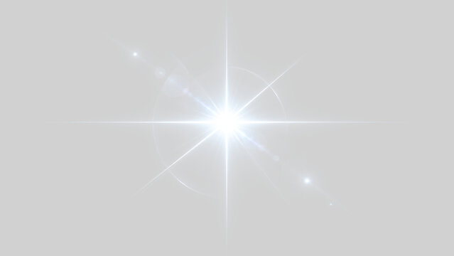 Effetto luce brillante con bagliore a stella. Riflesso lente su sfondo trasparente in formato PNG. Elemento grafico per effetti visivi luminosi isolati con raggi scintillanti